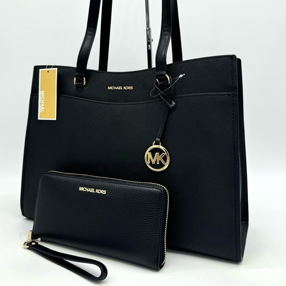 Michael Kors Large MF Pocket Shoulder Tote Bag & Continental Wallet Black/Gold - Picture 2 of 15